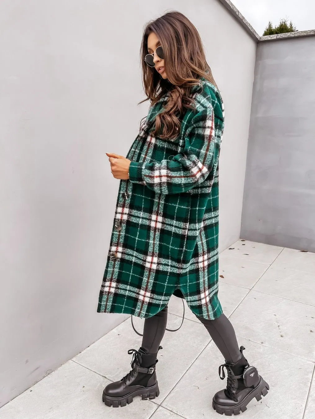 Wool Blend Longline Plaid Shacket Long Checked Overcoat