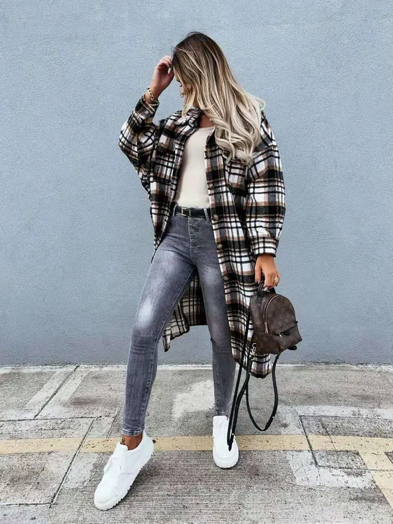 Wool Blend Longline Plaid Shacket Long Checked Overcoat