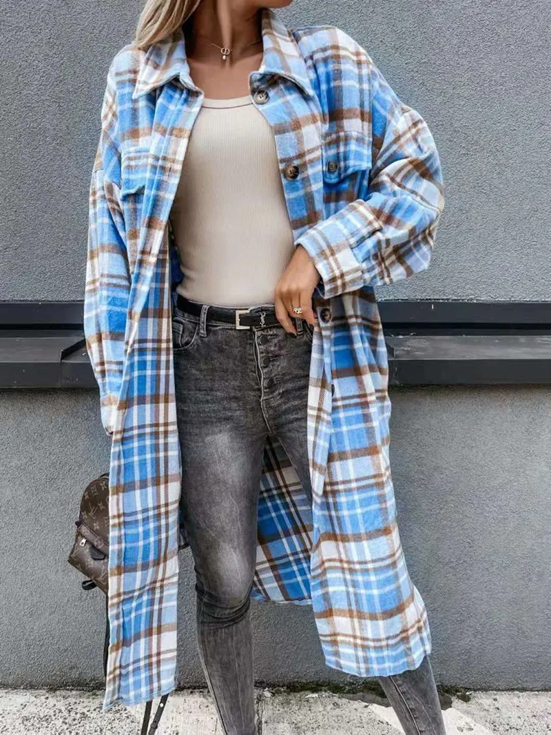 Wool Blend Longline Plaid Shacket Long Checked Overcoat