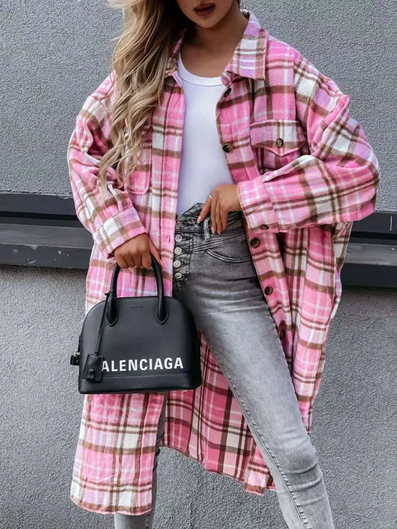 Wool Blend Longline Plaid Shacket Long Checked Overcoat