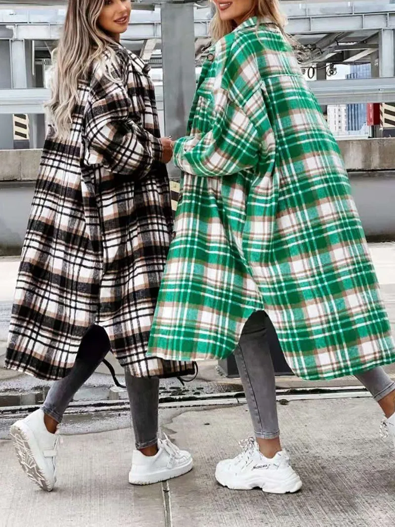 Wool Blend Longline Plaid Shacket Long Checked Overcoat