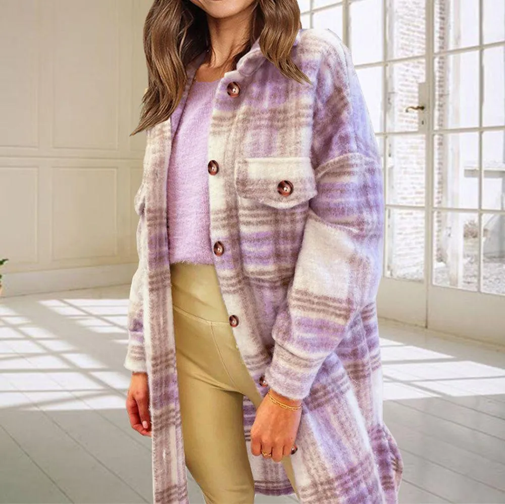 Wool Blend Longline Plaid Shacket Long Checked Overcoat