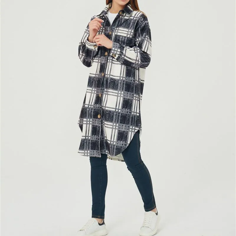 Wool Blend Longline Plaid Shacket Long Checked Overcoat