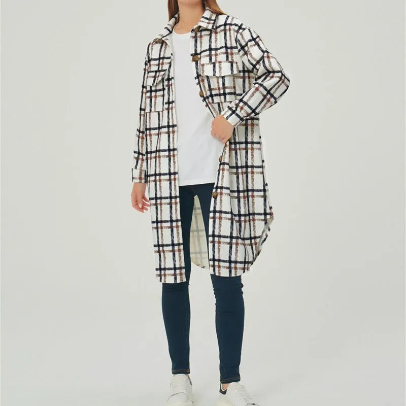 Wool Blend Longline Plaid Shacket Long Checked Overcoat