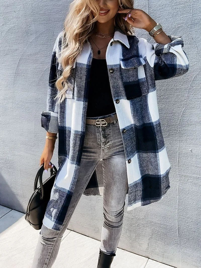 Wool Blend Longline Plaid Shacket Long Checked Overcoat