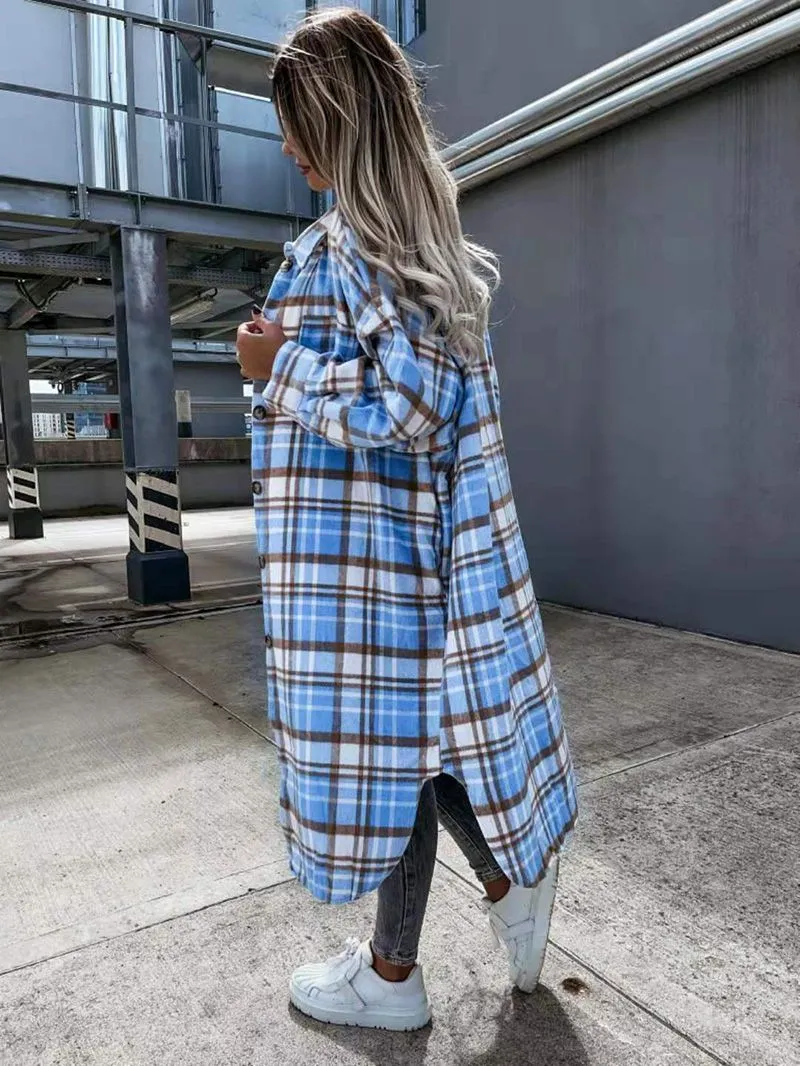 Wool Blend Longline Plaid Shacket Long Checked Overcoat