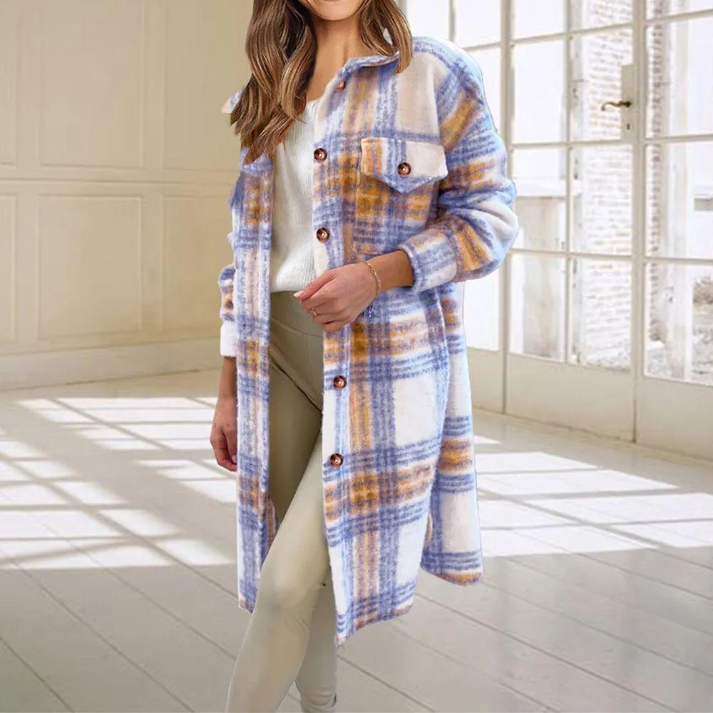 Wool Blend Longline Plaid Shacket Long Checked Overcoat