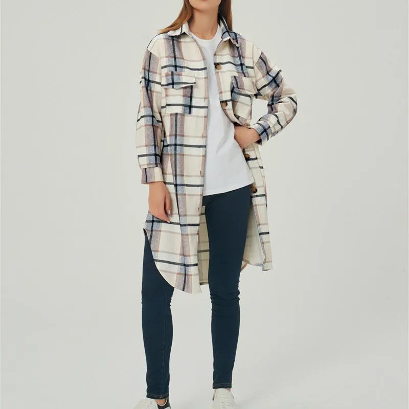 Wool Blend Longline Plaid Shacket Long Checked Overcoat