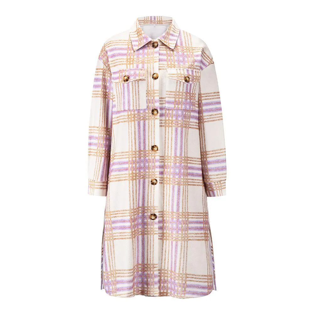 Wool Blend Longline Plaid Shacket Long Checked Overcoat