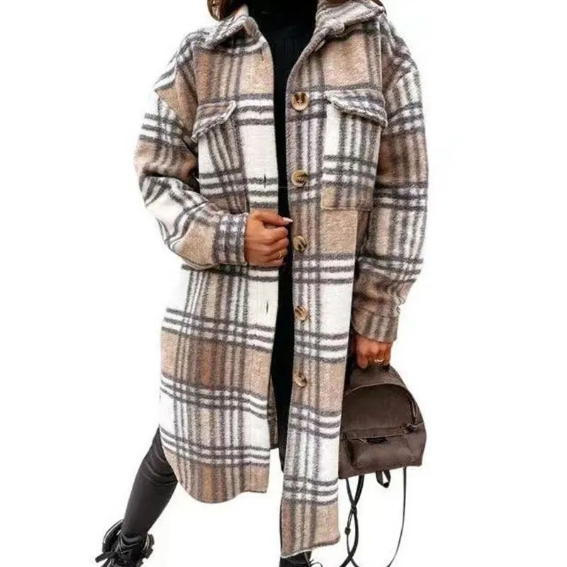 Wool Blend Longline Plaid Shacket Long Checked Overcoat