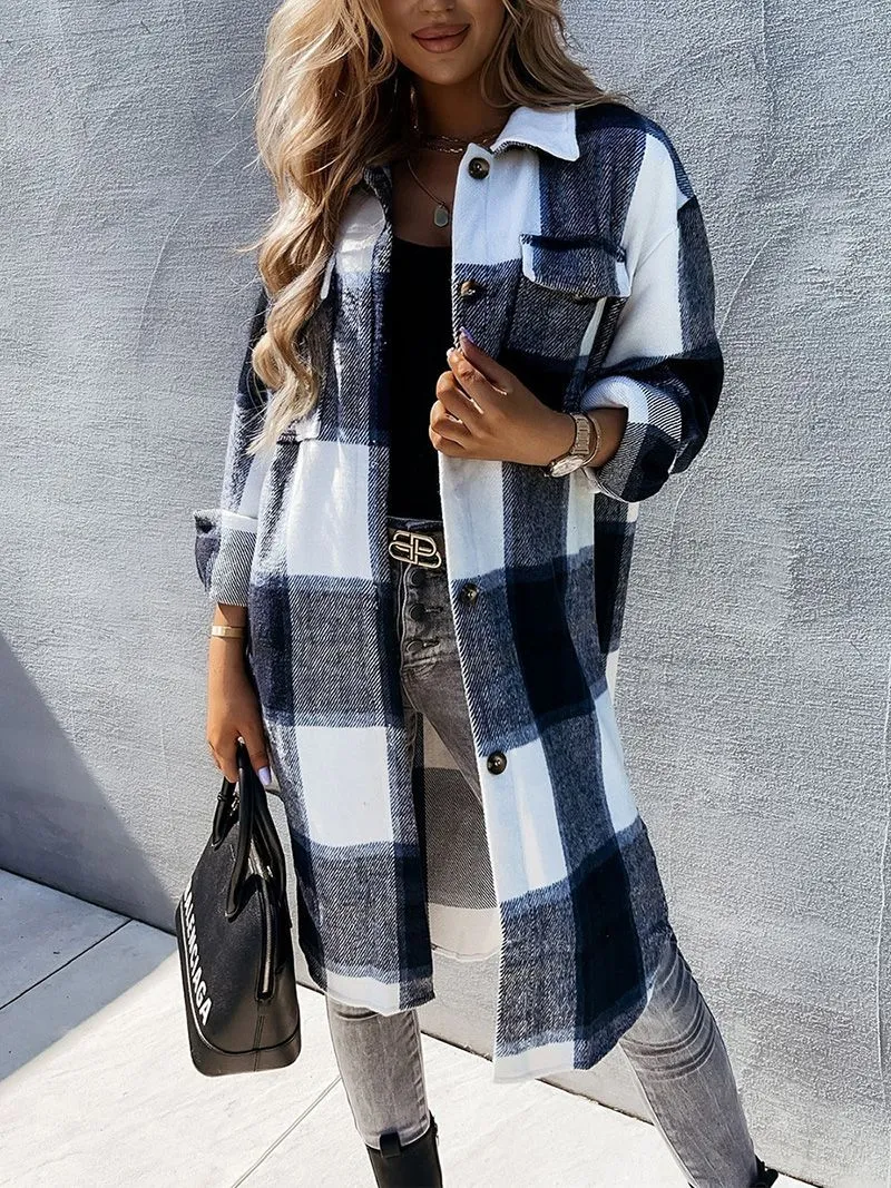 Wool Blend Longline Plaid Shacket Long Checked Overcoat