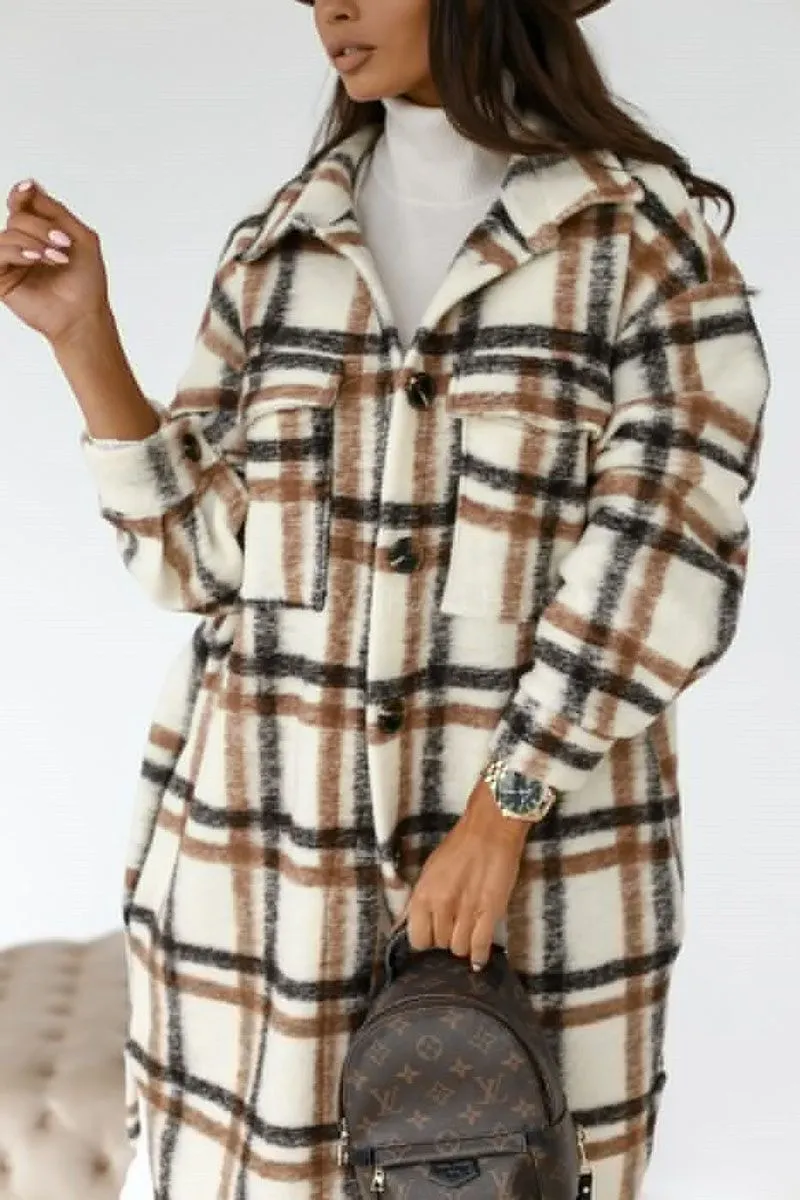 Wool Blend Longline Plaid Shacket Long Checked Overcoat