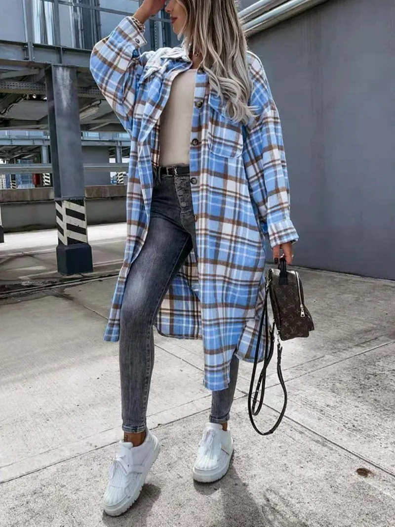 Wool Blend Longline Plaid Shacket Long Checked Overcoat