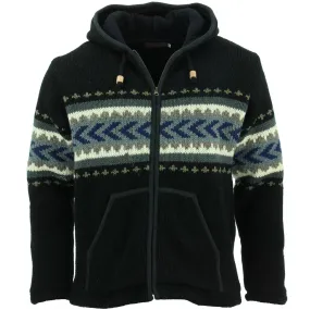 Wool Knit Chevron Hooded Jacket - Black