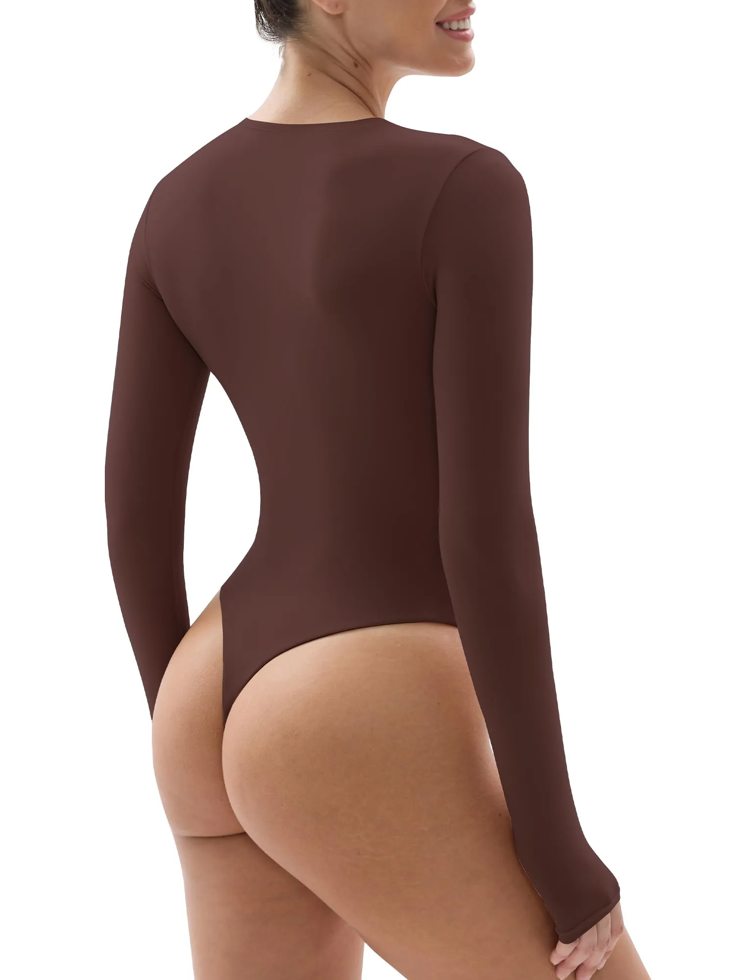 YIANNA Long Sleeve Bodysuit for women Double layer Sexy Body-hugging Thong Body Suit Tops