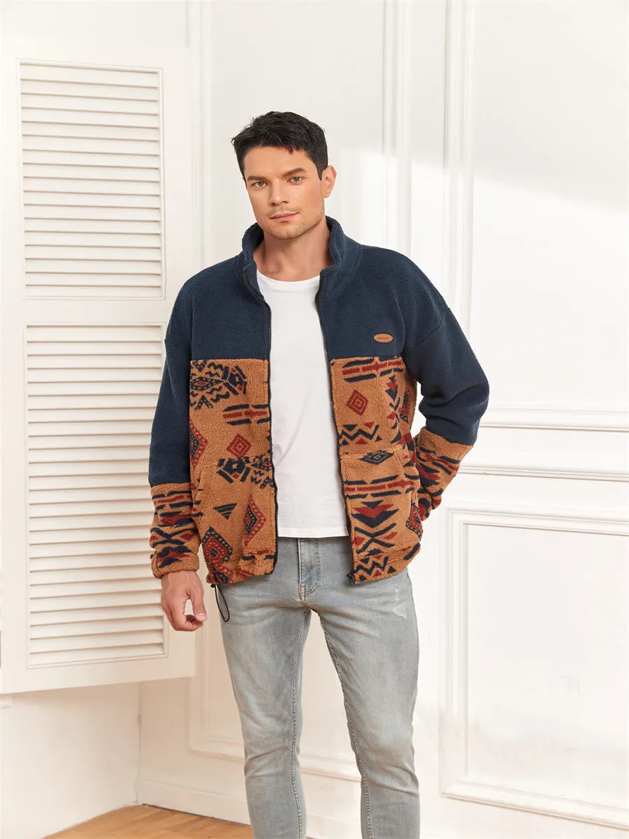 ZAFUL Men Ethnic Aztec Printed Fluffy Fuzzy Jacket Plush Fleece Casual Stand Collar Zip Outwear Cardigan Coat with Pockets