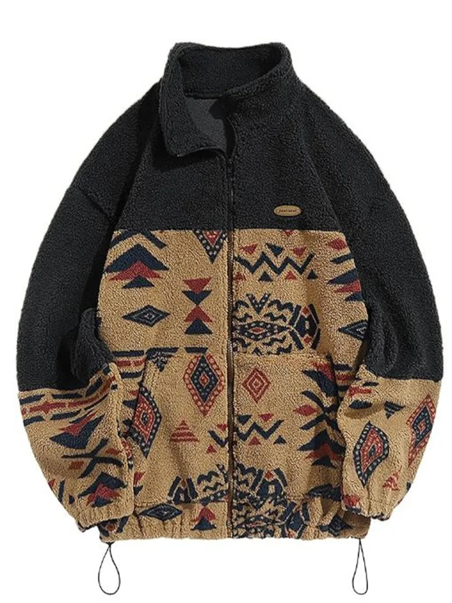 ZAFUL Men Ethnic Aztec Printed Fluffy Fuzzy Jacket Plush Fleece Casual Stand Collar Zip Outwear Cardigan Coat with Pockets