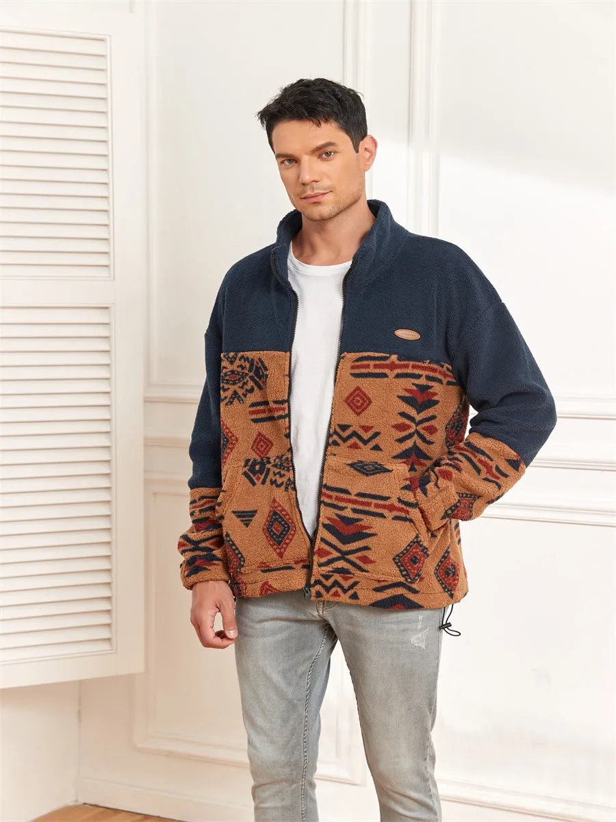 ZAFUL Men Ethnic Aztec Printed Fluffy Fuzzy Jacket Plush Fleece Casual Stand Collar Zip Outwear Cardigan Coat with Pockets