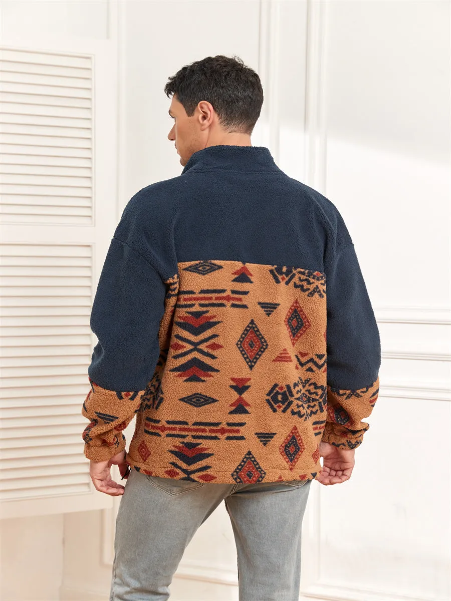 ZAFUL Men Ethnic Aztec Printed Fluffy Fuzzy Jacket Plush Fleece Casual Stand Collar Zip Outwear Cardigan Coat with Pockets