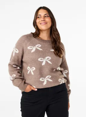 Zizzi Bowy Knit Jumper in Beige